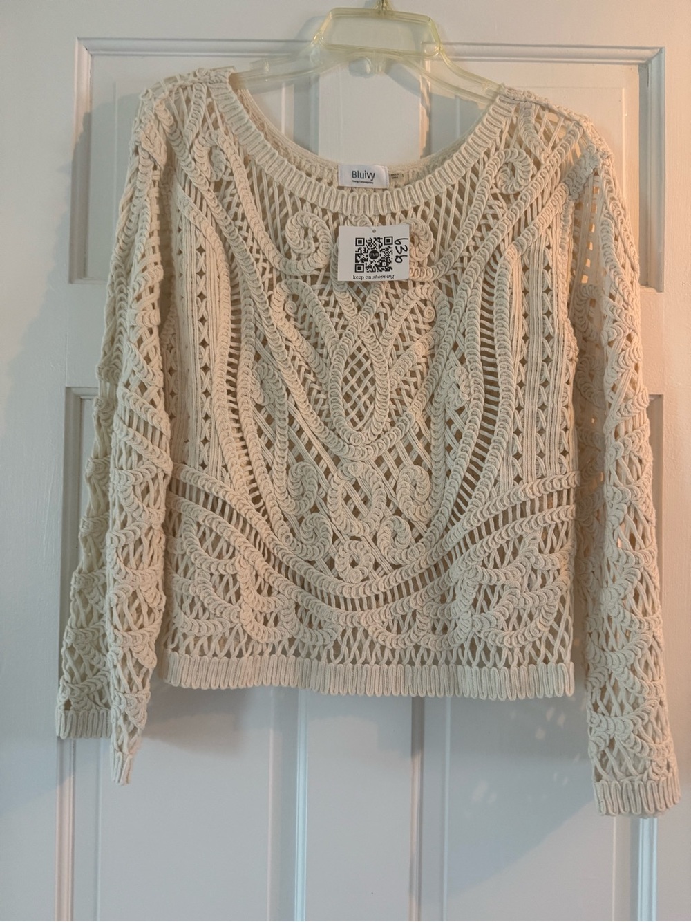 NWT Bluivy Cream Crochet Scoop Neck Openwork Sweater, Sz S